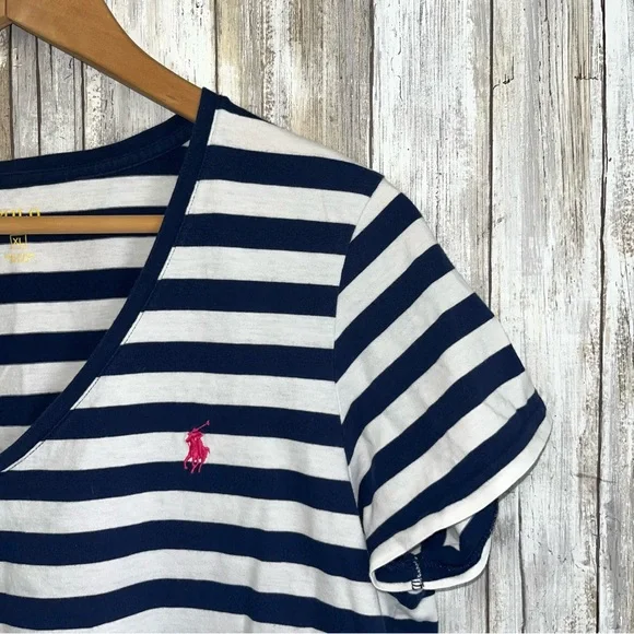 Polo Ralph Lauren Navy & White Stripe Women’s V Neck Tee XL - Picture 2 of 5